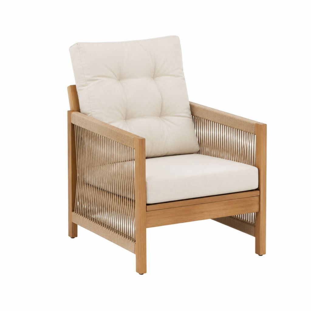 Garten-Loungesessel Natur Beige aus massivem Akazienholz mit Polypropylen-Kordelbespannung 72 x 78 x 82 cm