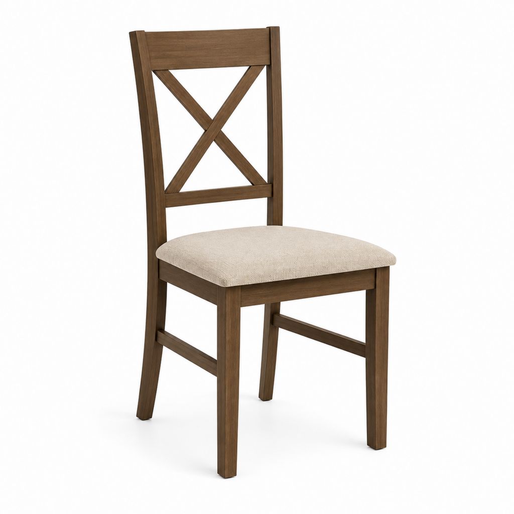 Esszimmerstuhl Braun aus Massivholz mit beigem Polyesterbezug X-Rückenlehne 43 x 50 x 96 cm