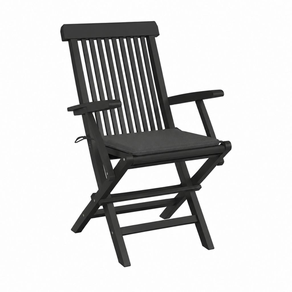Klappbarer Gartenstuhl mit Armlehnen Schwarz aus massivem Akazienholz mit Polyester-Sitzkissen rechteckiger Sitz 58 x 65 x 110 cm