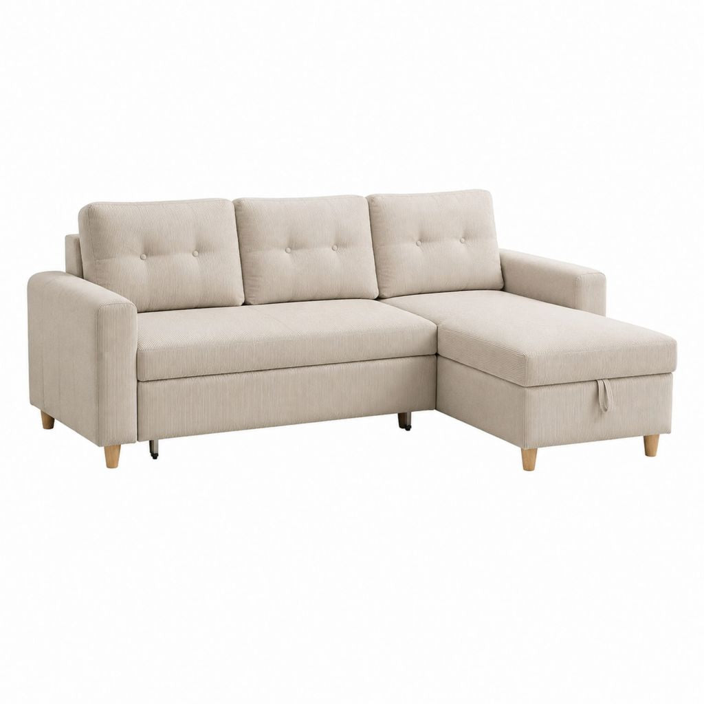 Schlafsofa mit Ottomane Beige Cord L-Form 230 x 150 x 85 cm